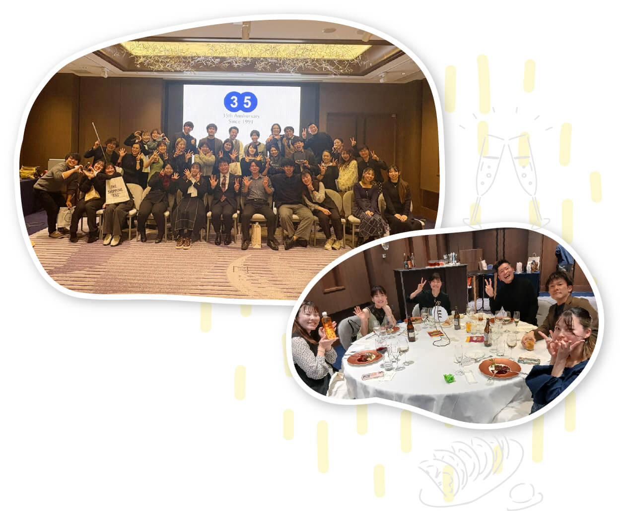 忘年会の集合写真と食事会の様子